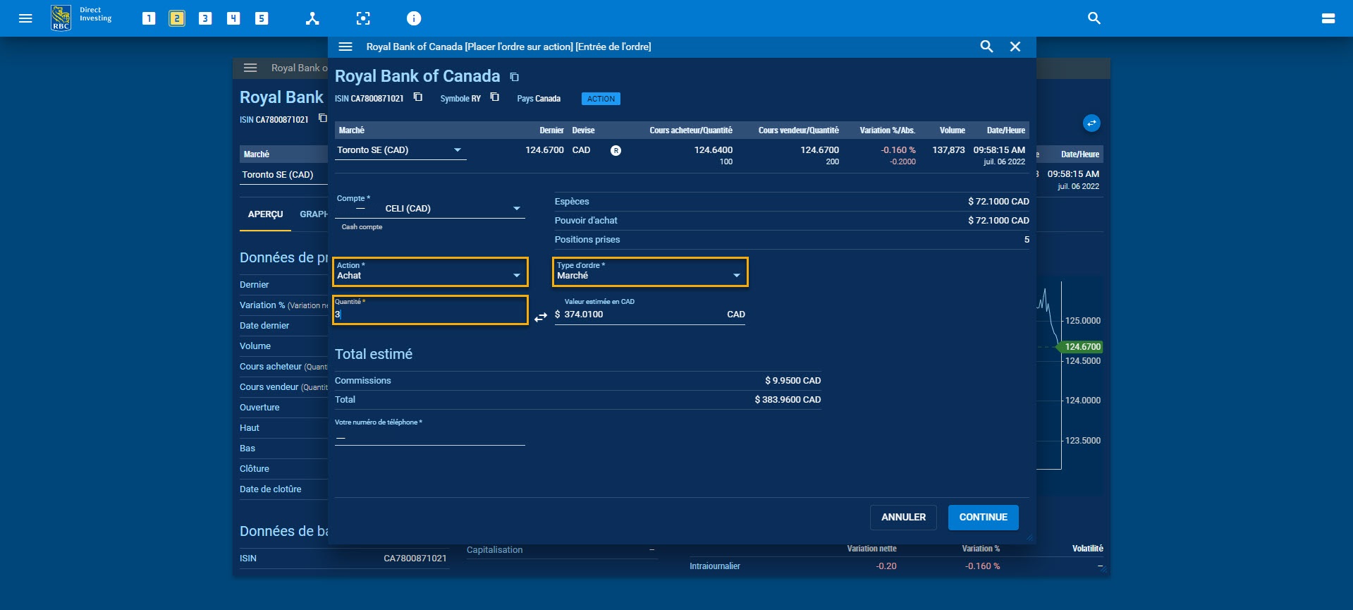 Formulaire d’entrée des ordres avec les champs vides en surbrillance